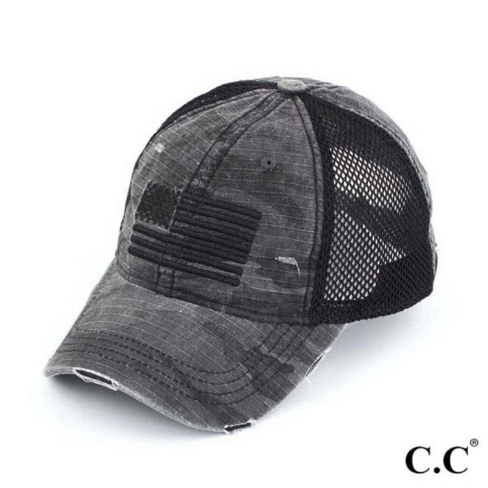 Distressed Camo Baseball Cap With Embroidered USA Flag